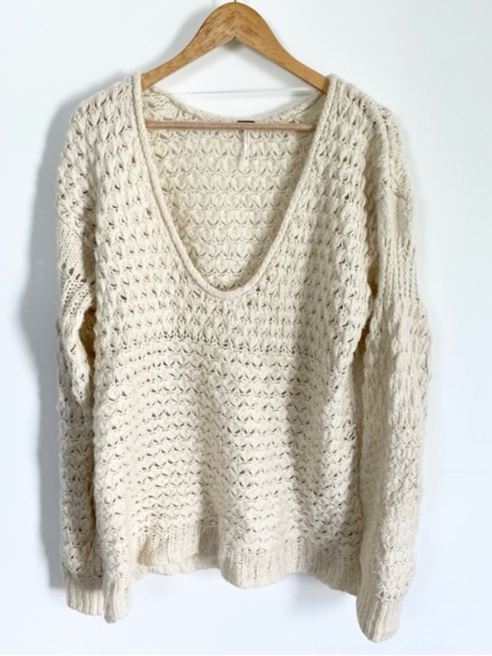 Free People Cream Open-Knit V-Neck Sweater